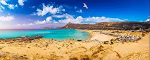 Famous Falasarna Prints: Panorama of turquoise beach Falasarna (Falassarna) in Crete with seagulls flying over