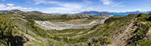Panorama of a Turquoise creek flowing to the beautiful Lago General Carrera in southern Chile - Traveling the Carretera