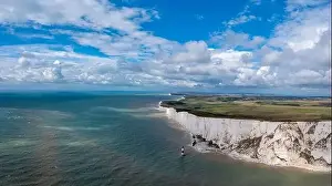 Seven Sisters Prints: Panorama view of the Beachy Head Lighthouse in the English Channel and the white cliffs of the Jurassic Coast