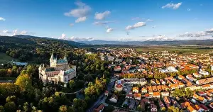 Panorama view of Bojnice village and the historic fairy tale castle in Slovakia