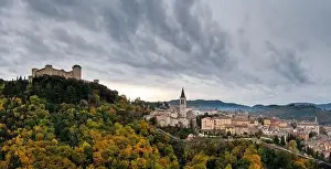 Apennine Mountains Prints: A panorama view of historic Spoleto with the Rocca Albornoziana fortress and cathedral