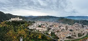 Apennine Mountains Prints: A panorama view of historic Spoleto with the Rocca Albornoziana fortress and cathedral