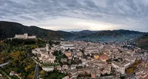 Panorama view of historic Spoleto with the Rocca Albornoziana fortress and cathedral