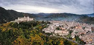 Rocca Prints: Panorama view of historic Spoleto with the Rocca Albornoziana fortress and cathedral