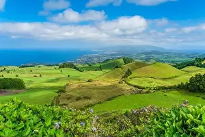 Panorama View from the mountain to Sao Miguel, Azores, Portugal with beautiful blue sky