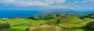 Tropical Agriculture Prints: Panorama View from the mountain to Sao Miguel, Azores, Portugal with beautiful blue sky