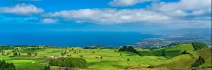 Panorama View from the mountain to Sao Miguel, Azores, Portugal with beautiful blue sky