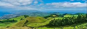 Panorama View from the mountain to Sao Miguel, Azores, Portugal with beautiful blue sky