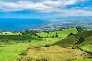 Panorama View from the mountain to Sao Miguel, Azores, Portugal with beautiful blue sky