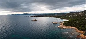 Panorama view of Palombaggia Beach and hilly coastline in southeastern Corsica
