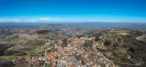 Barolo Prints: Panorama view of the picturesque village of Montforte d'Alba in the Barolo wine region of the Italian Piedmont