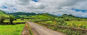 Tropical Agriculture Prints: Panorama view of a road at the mountain to Sao Miguel