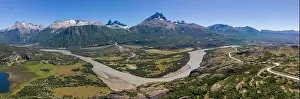 Birds View Prints: Panorama view from the viewpoint Mirador Rio Ibañez at the Carretera Austral in Patagonia