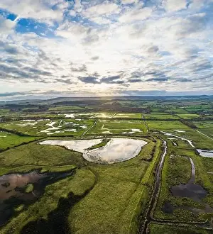 Panorama over Wetlands and Marshes in RSPB Exminster and Powderham Marshe from a drone, Exeter, Devon, England