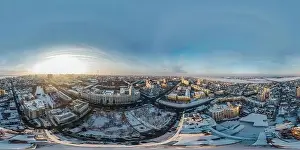 Spherical Prints: Panoramic 360 degree aerial drone view of evening winter Voronezh downtown cityscape