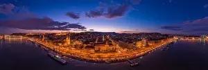 Beautiful Sky Prints: Panoramic aerial drone of lighted Matthias Church on Buda hill during Budapest sunset