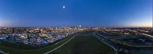 Dallas Prints: Panoramic aerial drone picture of Dallas skyline and Trammel Crow Park at sunset