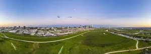 Dallas Prints: Panoramic aerial drone picture of Dallas skyline and Trammel Crow Park at sunset