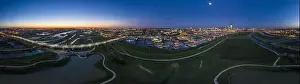 Dallas Prints: Panoramic aerial drone picture of Dallas skyline and Trammel Crow Park at sunset