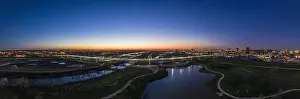 Dallas Prints: Panoramic aerial drone picture of Dallas skyline and Trammel Crow Park at sunset