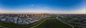 Dallas Prints: Panoramic aerial drone picture of Dallas skyline and Trammel Crow Park at sunset