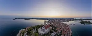 Panoramic aerial drone picture of the historic city Rovinj in Croatia during sunrise