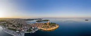 Panoramic aerial drone picture of the historic city Rovinj in Croatia during sunrise in summer