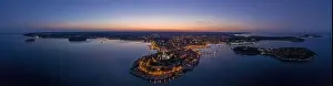 Panoramic aerial drone picture of the historic city Rovinj in Croatia during sunrise in summer