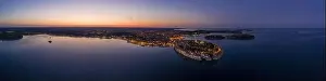 Panoramic aerial drone picture of the historic city Rovinj in Croatia during sunrise in summer