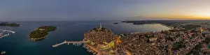 Panoramic aerial drone picture of the historic city Rovinj in Croatia during sunrise in summer