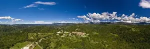 Panoramic aerial drone picture of Hum in Croatia, the smallest city in the world, during daytime in summer