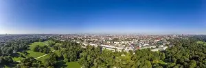 Panoramic aerial drone picture of Munich taken from English garden in the morning time in summer