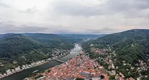 Heidelberg Prints: Panoramic aerial drone shot of Heidelberg old town in overcast at foot of Konigstuhl mountain