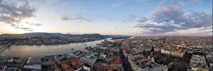 Neo Gothic Prints: Panoramic Aerial drone shot of Hungarian Parliament Kossuth Square by Danube river in Budapest sunset
