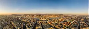 Morning Glow Prints: Panoramic aerial drone shot of Hungarian Parliament lights off before sunrise in Budapest dawn