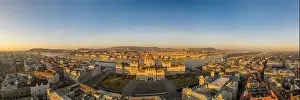 Morning Glow Prints: Panoramic aerial drone shot of Hungarian Parliament lights off before sunrise in Budapest dawn
