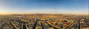 Morning Glow Prints: Panoramic aerial drone shot of Hungarian Parliament lights off before sunrise in Budapest dawn