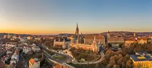 Panoramic aerial drone shot of Matthias churh on buda hill during Budapest sunrise
