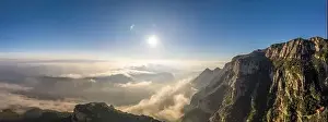 Conglomerate Prints: Panoramic aerial drone shot of morning clouds over Montserrat mountain near Barcelona