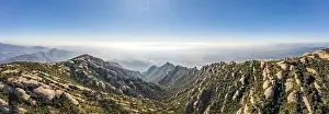 Benedictine Prints: Panoramic aerial drone shot view of Montserrat mountain rage in morning near Barcelona