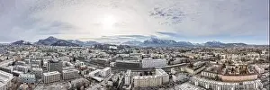 Salzach Prints: Panoramic aerial drone shot view of Salzburg aiglhof station with view of eastern bavarian alps mountain