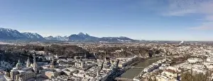 Salzach Prints: Panoramic aerial drone snowy view of northrn salzburg outskirts in winter morning