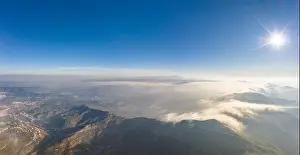 Conglomerate Prints: Panoramic aerial drone view of fogs over mountain in Montserrat Barcelona in morning