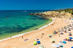 Albufeira Prints: Panoramic aerial drone view of popular Praia do Castelo beach