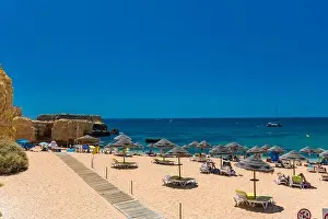 Albufeira Prints: Panoramic aerial drone view of popular Praia do Castelo beach