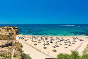 Albufeira Prints: Panoramic aerial drone view of popular Praia do Castelo beach