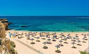 Albufeira Prints: Panoramic aerial drone view of popular Praia do Castelo beach