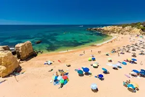 Albufeira Prints: Panoramic aerial drone view of popular Praia do Castelo beach