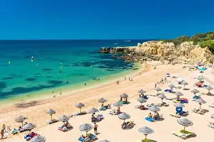 Albufeira Prints: Panoramic aerial drone view of popular Praia do Castelo beach