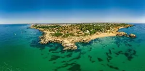 Albufeira Prints: Panoramic aerial drone view of popular Praia do Castelo beach